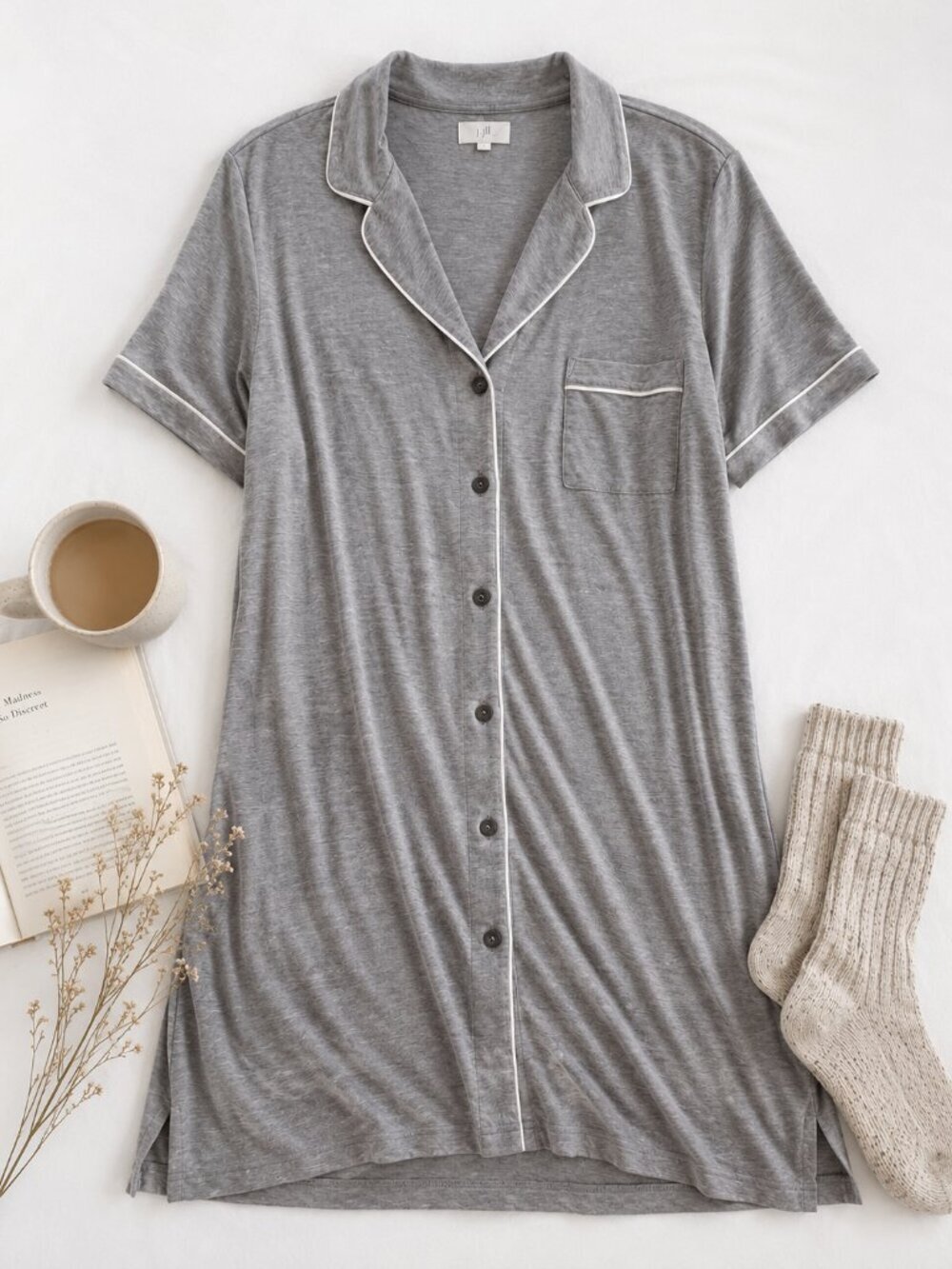 Lou & Grey Soft Knit Button Front Nightshirt Pajama Shirt Gray Size Large